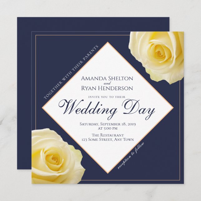 Modern Midnight Blue Yellow Rose Floral Wedding Invitation (Front/Back)