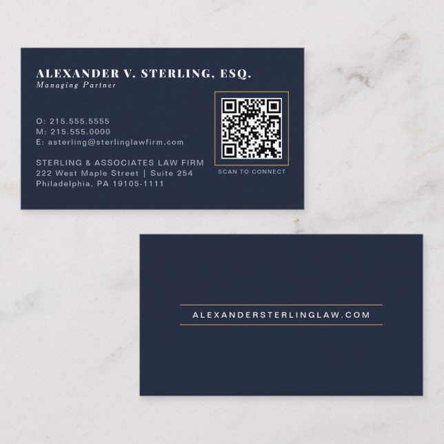 Modern Midnight Navy Gold QR Code Professional Business Card (Front/Back)