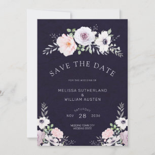 Modern Midnight Purple Watercolor Floral Wedding Save The Date