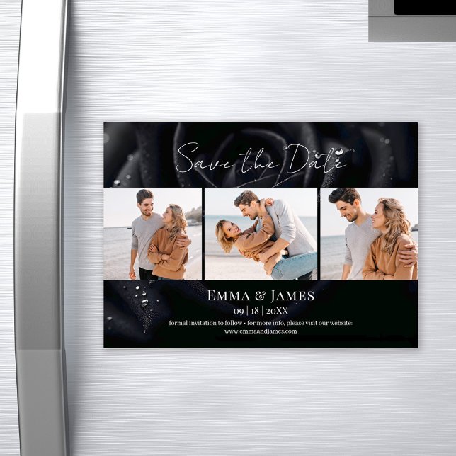 Modern Midnight Rose Wedding 3 Photo Save The Date Magnetic Invitation (Creator Uploaded)