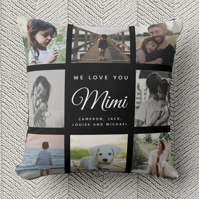 Modern Mimi Chic Mother's Day Family Photo Collage Cushion (A decorative pillow featuring a collage of heartwarming family photos, the words "We Love You Mimi,")