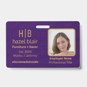 Modern Mini Squares   Custom Purple Gold Monogram  ID Badge