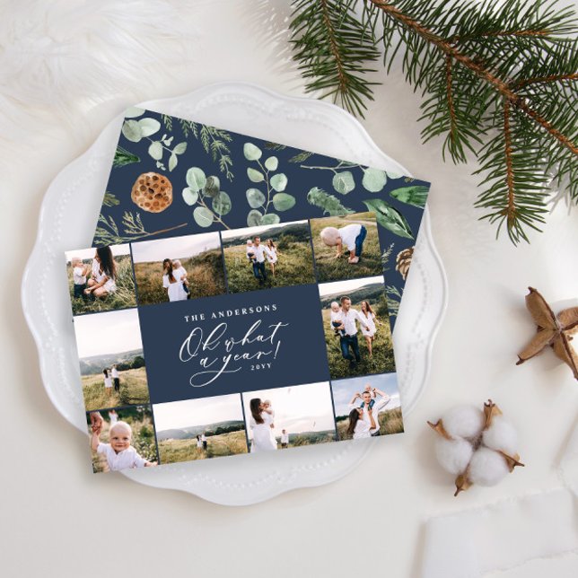 Modern minimal 10 photo new year blue family holiday card (Creator Uploaded)