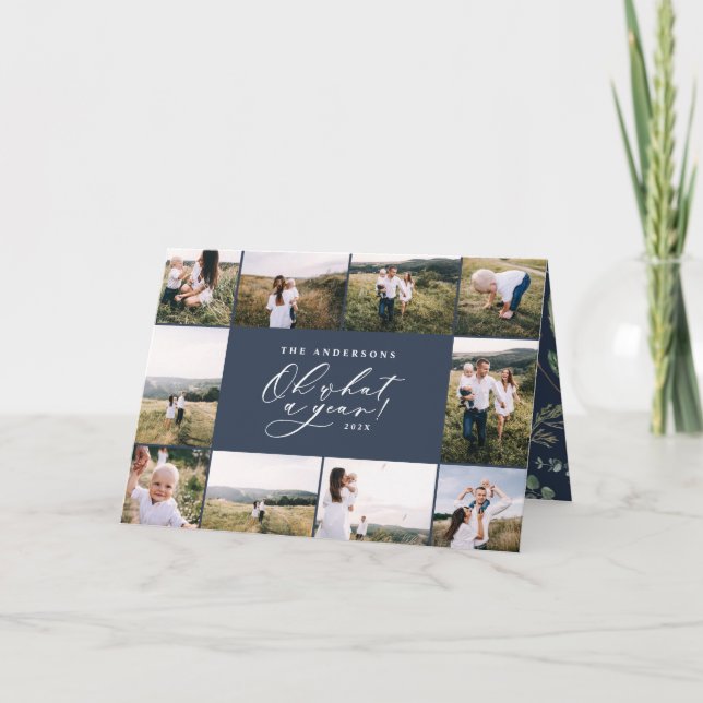 Modern minimal 11 photo new year navy blue family holiday card (Front)
