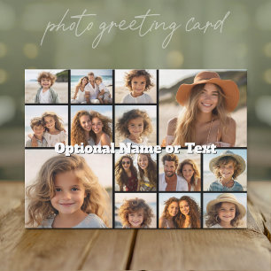 Modern Minimal 14 Photo Collage Black - White Text Holiday Card