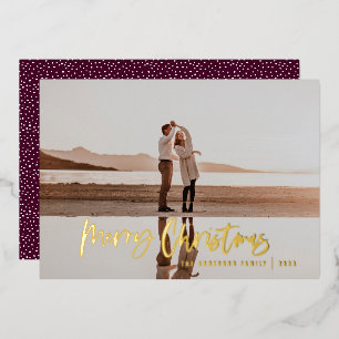 Modern minimal 1 photo burgundy script Christmas