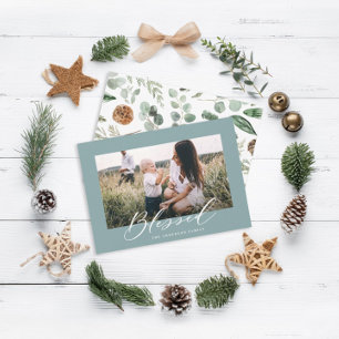 Modern minimal 1 photo Christmas blessed script Holiday Card