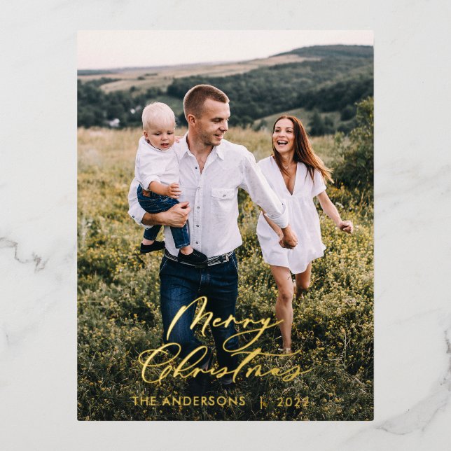 Modern minimal 1 photo Christmas elegant script  F Foil Holiday Postcard (Front)