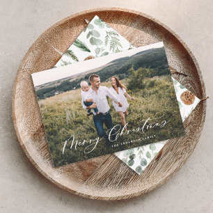 Modern minimal 1 photo Christmas elegant script Ho Holiday Card