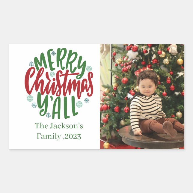Modern minimal 1 photo Christmas elegant script  Rectangular Sticker (Front)