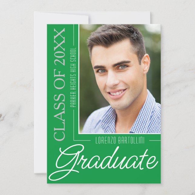 Modern Minimal 1 Photo Kelly Green Graduation Invitation (Front)