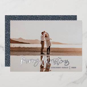 Modern minimal 1 photo navy blue script Christmas