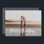 Modern minimal 1 photo navy blue script Christmas Holiday Card<br><div class="desc">Merry Christmas modern 1 photo Christmas card. Modern black,  navy blue and white holiday design. Script text with a modern edge. Hand painted polka dot spotty backer. Change the backer colour to customise.</div>