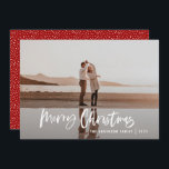 Modern minimal 1 photo red script Christmas Holiday Card<br><div class="desc">Merry Christmas modern 1 photo Christmas card. Modern black,  red and white holiday design. Script text with a modern edge. Hand painted polka dot spotty backer. Change the backer colour to customise.</div>