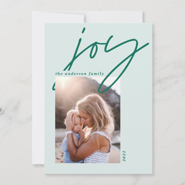 modern minimal 1 photo script joy green holiday card (Front)