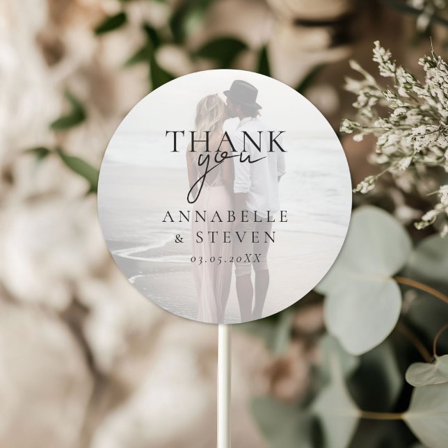 Modern, Minimal, 1 Photo, Wedding Classic Round Sticker (THANK YOU! Modern, Minimal, 1 Photo, Wedding Classic Round Sticker with your name and date)