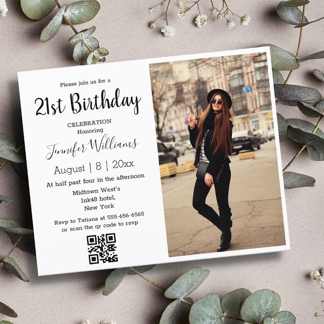 Modern Minimal 21st Birthday Photo QR Code Invite (Creator Uploaded)