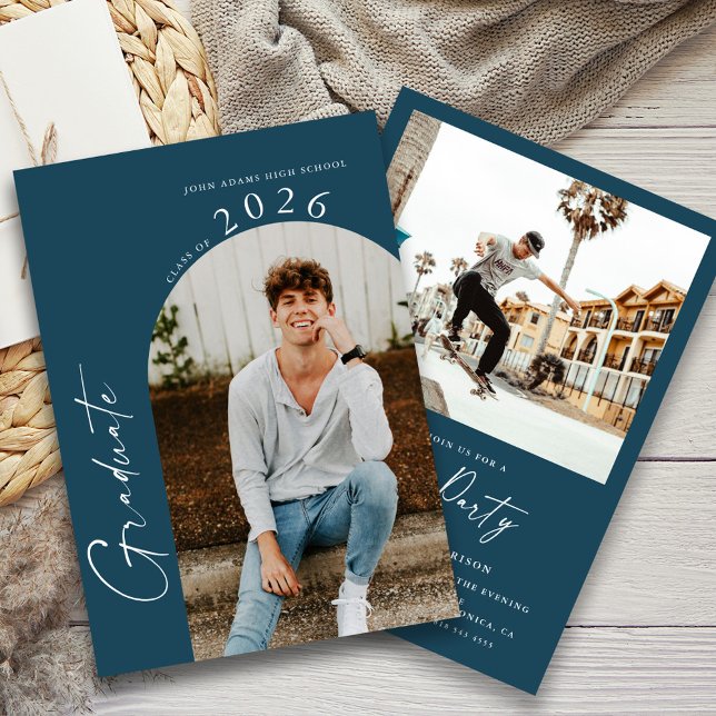 Modern Minimal 2 Photo Navy Blue Graduation Party Invitation (Creator Uploaded)