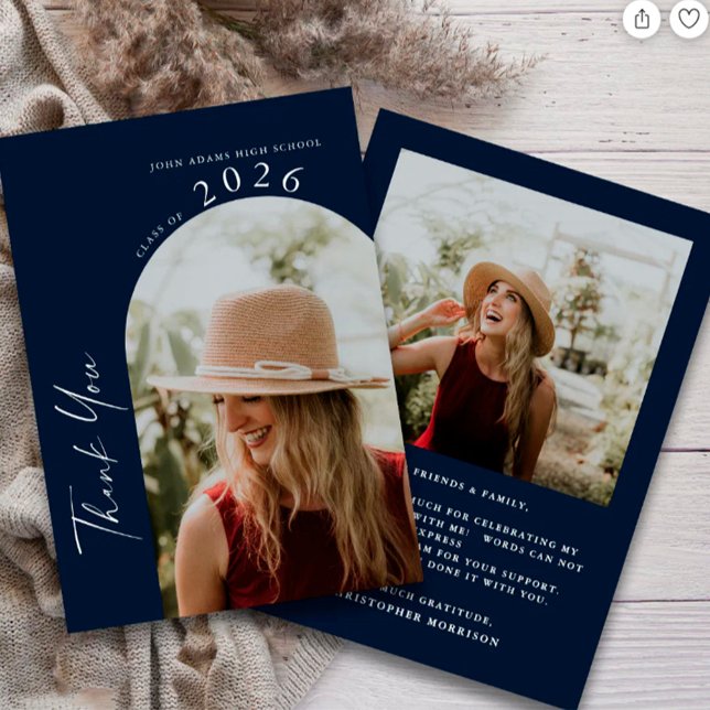 Modern Minimal 2 Photo Script Navy Blue Graduation Thank You Card (Creator Uploaded)