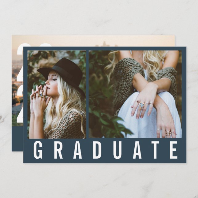 Modern minimal 3 photo graduation simple navy blue announcement (Front/Back)