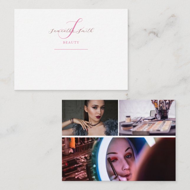 Modern Minimal 3 Photos Script Monogram Beauty Card (Front/Back)