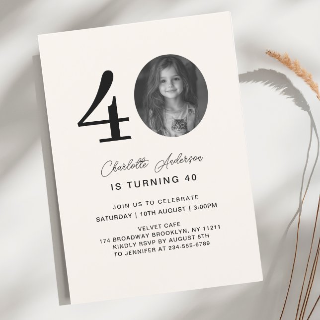 Modern, minimal 40. Beige Birthday Photo Invitation (Modern, minimal 40. Beige Birthday Photo Invitation)