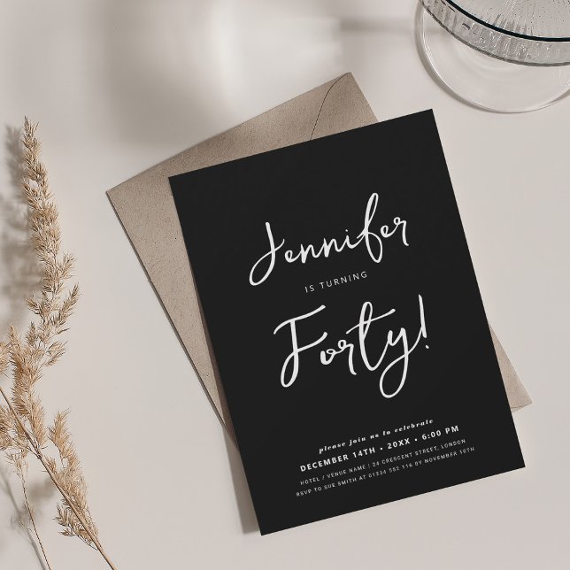 Modern Minimal 40th Birthday Script Black  Invitation (Modern Minimal 40th Birthday Script Black Invitation)