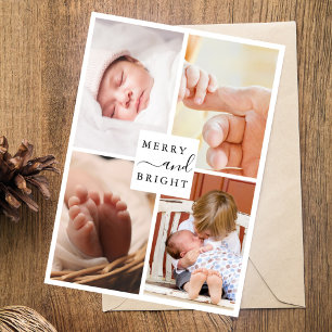 Modern Minimal 4 Photo Merry & Bright Christmas Holiday Card