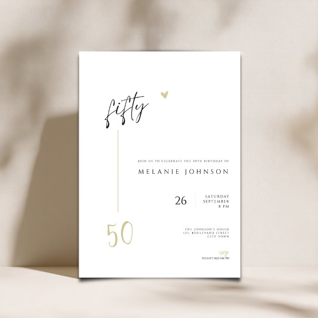 Modern Minimal 50th Birthday Party Invitation (Minmalist Modern 50th birthday invitation with handwritten typography)