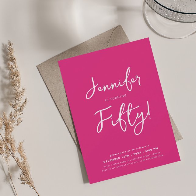 Modern Minimal 50th Birthday Script Hot Pink Invitation (Modern Minimal 50th Birthday Script Hot Pink Invitation)