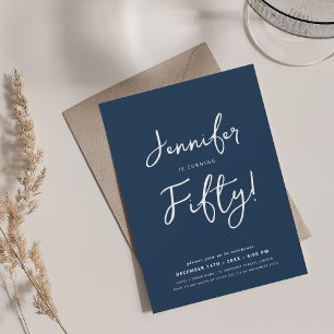 Modern Minimal 50th Birthday Script Navy Blue Invitation