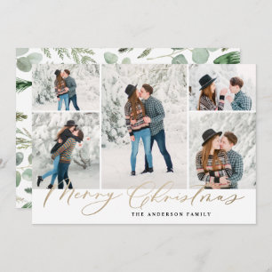 Modern minimal 5 photo christmas script family holiday card