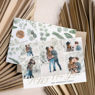 Modern minimal 5 photo new year script family holiday card