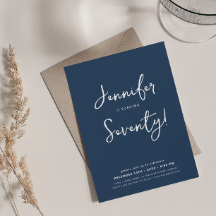 Modern Minimal 70th Birthday Script Navy Blue Invitation