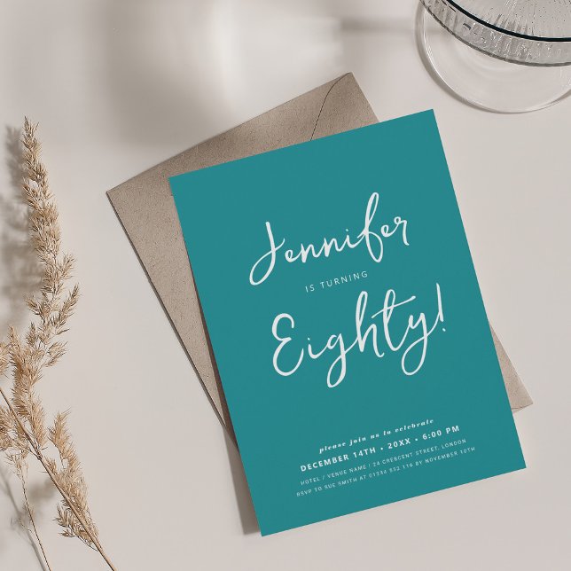 Modern Minimal 80th Birthday Script Turquoise  Invitation (Modern Minimal 80th Birthday Script Turquoise Invitation)