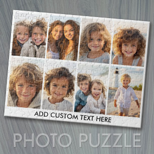 Modern, Minimal 8 Photo Collage with Text on White Jigsaw Puzzle