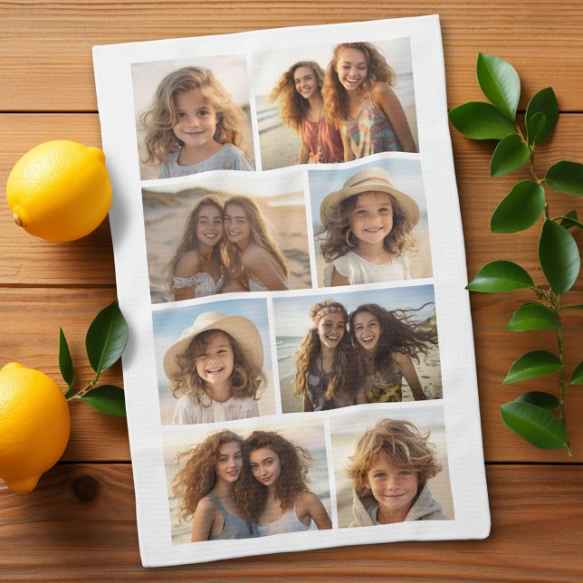 Modern Minimal 8 Photo Grid Collage - White Tea Towel (Custom Kitchen Towel with Photo Collage)