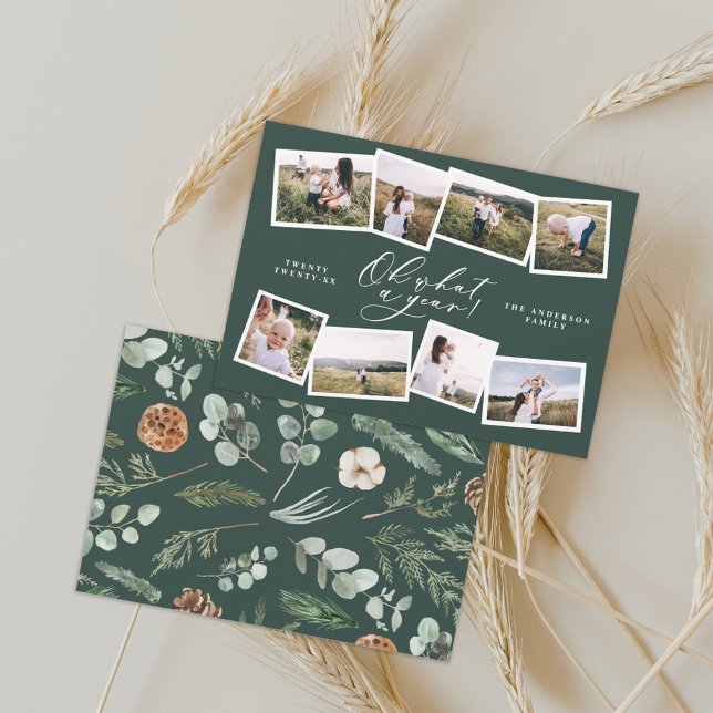 Modern minimal 8 photo new year green family holiday card (Creator Uploaded)