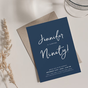 Modern Minimal 90th Birthday Script Navy Blue Invitation