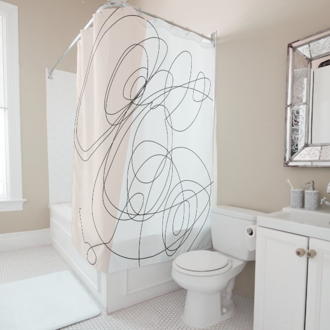 Modern minimal abstract scribble line art shower curtain (In Situ)