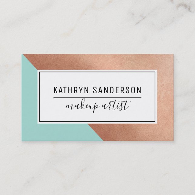 MODERN MINIMAL ANGLE rose gold corner mint white Business Card (Front)