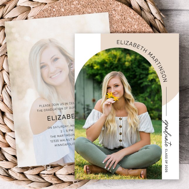 Modern Minimal Arch 2 Photo Tan Graduation Invitation (Creator Uploaded)