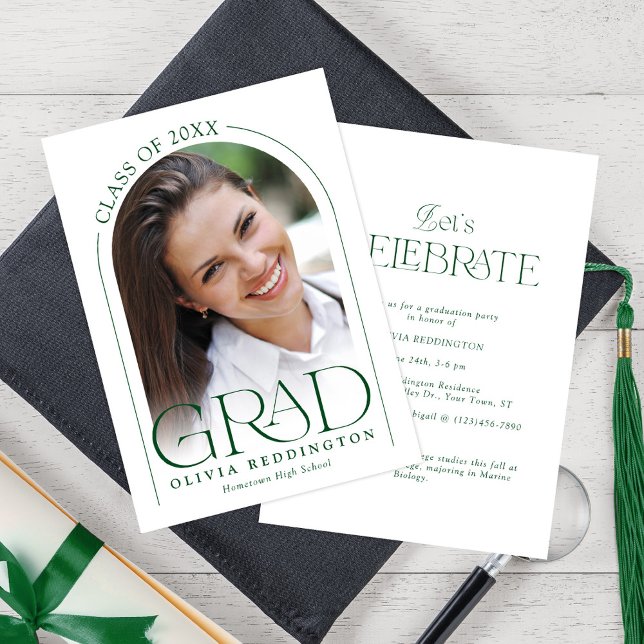 Modern Minimal Arch Photo Green Graduation Party Invitation (Creator Uploaded)