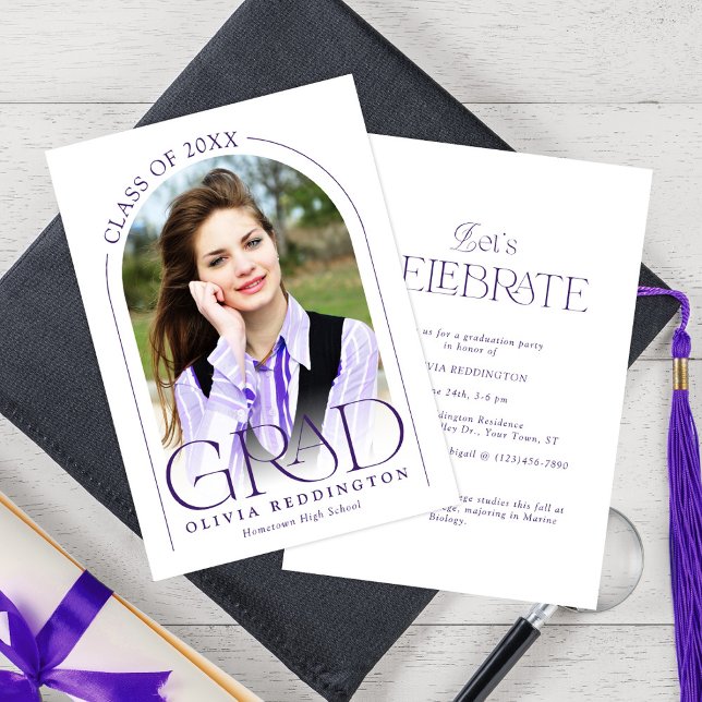 Modern Minimal Arch Photo Purple Graduation Party Invitation (Creator Uploaded)