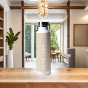 Modern Minimal Beige Personalised Name Water Bottle