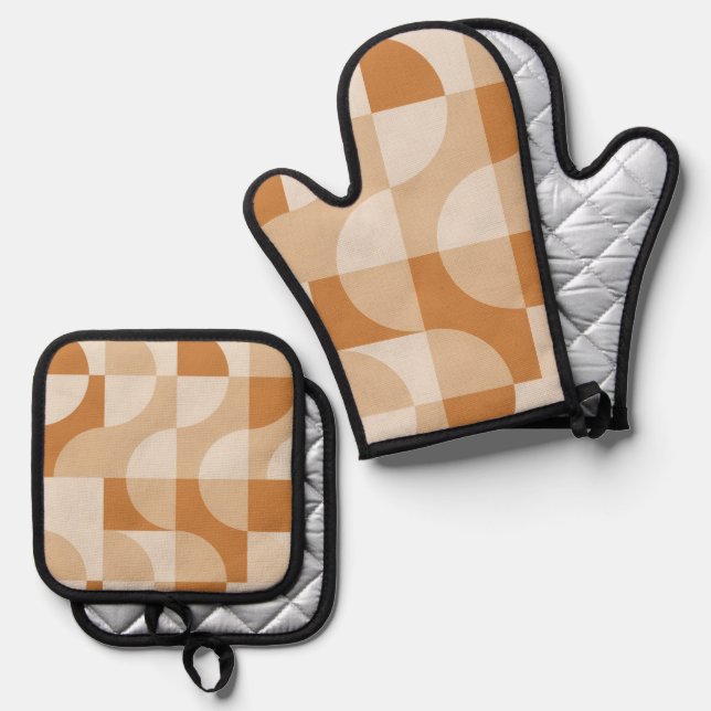 Modern Minimal Beige Retro Geometric Oven Mitt & Pot Holder Set (Front/Back)