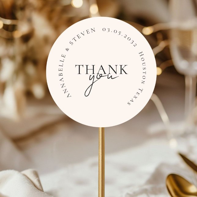 Modern, Minimal, Beige, Wedding Classic Round Sticker (THANK YOU! Modern, Minimal, Beige, Wedding Classic Round Sticker with your name and date)