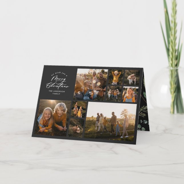 Modern minimal black 11 photo botanical family holiday card (Front)