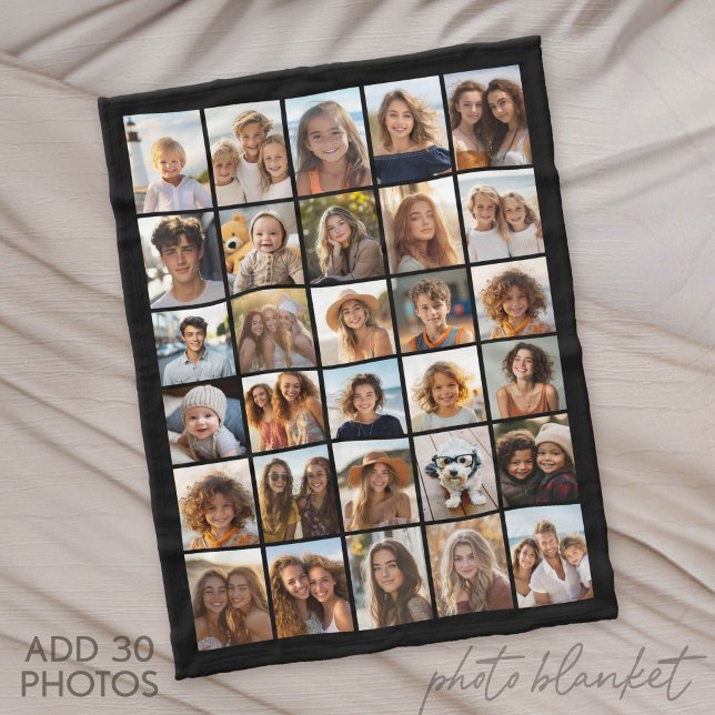 Modern Minimal Black 30 Photo Collage Fleece Blanket (Custom Fleece Blanket with Photo Collage for Family and Friends)