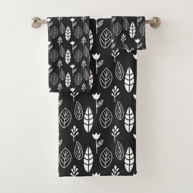 Modern Minimal Black and White Botanical Leaves Bath Towel Set (Insitu)